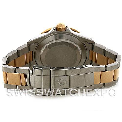 This image shows the back view of a Rolex Submariner 16613 Men's Steel and Gold (two tone) Blue Dial 16613 Men's Steel and Gold (two tone) Blue Dial watch, highlighting the clasp and bracelet.