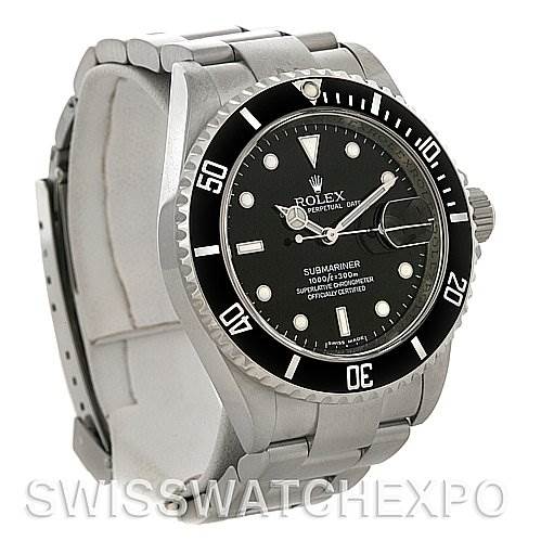 This image shows a Rolex Submariner 16610 Men's Stainless Steel Black Dial 16610 Men's Stainless Steel Black Dial watch at a three-quarter angle, highlighting the face, bezel, case, and part of the bracelet.