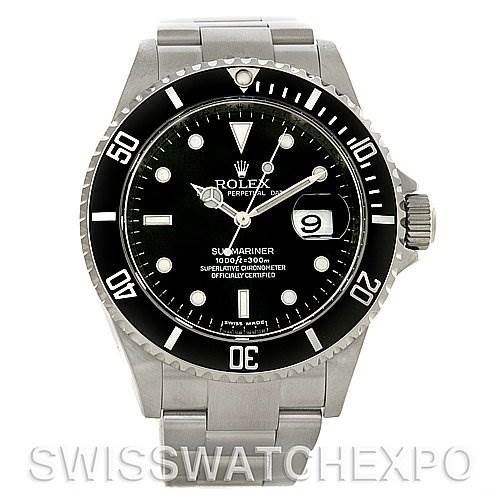 This Rolex Submariner 16610 Men's Stainless Steel Black Dial 16610 Men's Stainless Steel Black Dial watch is shown from a front angle, displaying its black dial, bezel, and stainless steel bracelet.