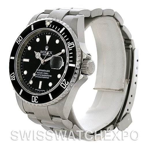 The image shows a side and front view of a Rolex Submariner 16610 Men's Stainless Steel Black Dial 16610 Men's Stainless Steel Black Dial, highlighting the dial, bezel, crown, and bracelet.