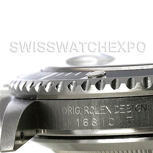 This image shows a close-up side view of the Rolex Submariner 16610 Men's Stainless Steel Black Dial 16610 Men's Stainless Steel Black Dial, highlighting the bezel and part of the case with engraved text.