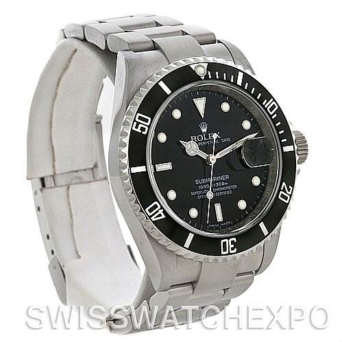 This image shows a Rolex Submariner 16610 Men's Stainless Steel Black Dial 16610 Men's Stainless Steel Black Dial watch from a three-quarter angle, highlighting the dial, bezel, case, and bracelet.