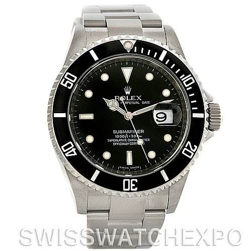 This image shows a frontal view of the Rolex Submariner 16610 Men's Stainless Steel Black Dial 16610 Men's Stainless Steel Black Dial watch, highlighting its black dial, bezel, and metallic strap.
