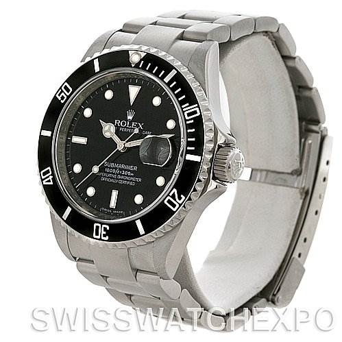 The image shows a Rolex Submariner 16610 Men's Stainless Steel Black Dial 16610 Men's Stainless Steel Black Dial watch at a slight diagonal angle, highlighting the bezel, dial, crown, and bracelet.
