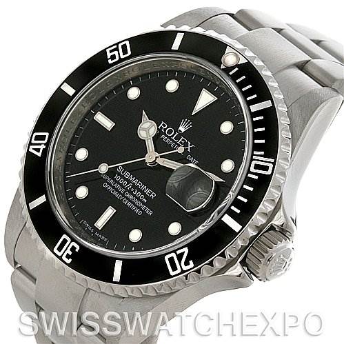 This image shows a Rolex Submariner 16610 Men's Stainless Steel Black Dial 16610 Men's Stainless Steel Black Dial watch from a slightly angled top view, highlighting the face, bezel, crown, and part of the bracelet.