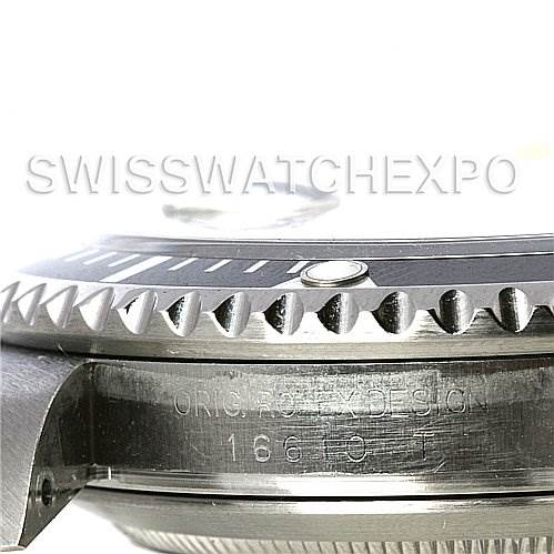 The image shows a close-up side view of a Rolex Submariner 16610 Men's Stainless Steel Black Dial 16610 Men's Stainless Steel Black Dial watch, highlighting the bezel, case, and model engraving.