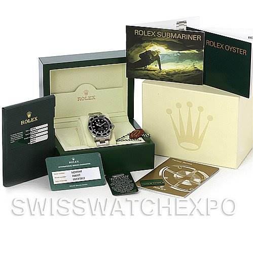 The image shows a Rolex Submariner 16610 Men's Stainless Steel Black Dial 16610 Men's Stainless Steel Black Dial watch, original box, manuals, and authenticity cards, all displayed in a packaging setting.