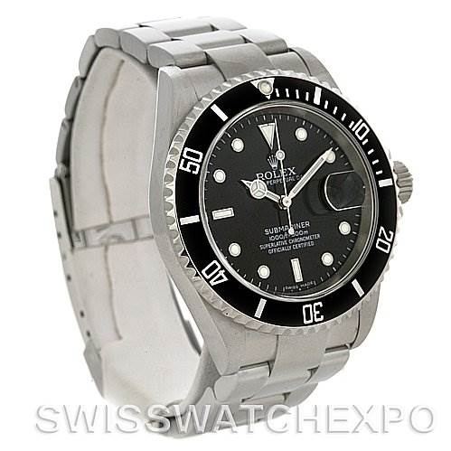 The image shows a Rolex Submariner 16610 Men's Stainless Steel Black Dial 16610 Men's Stainless Steel Black Dial watch from a front-right angle, highlighting its dial, bezel, case, and bracelet.