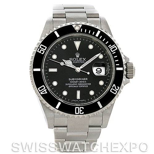 This image shows a front view of the Rolex Submariner 16610 Men's Stainless Steel Black Dial 16610 Men's Stainless Steel Black Dial watch, displaying the face, bezel, and stainless steel bracelet.