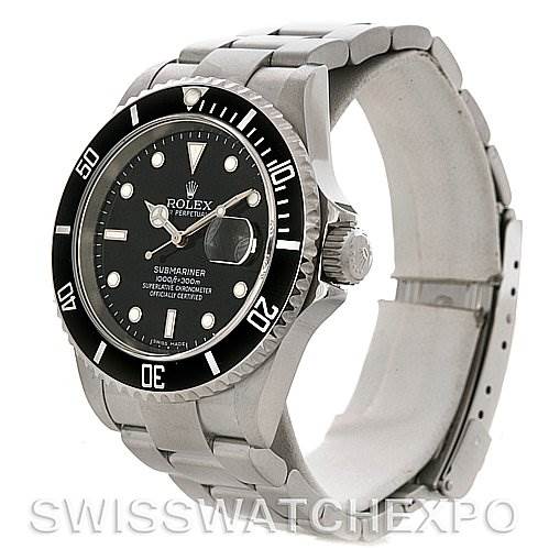 This image shows a side-angle view of a Rolex Submariner 16610 Men's Stainless Steel Black Dial 16610 Men's Stainless Steel Black Dial watch, displaying its face, bracelet, and bezel.