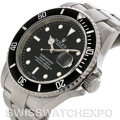 This image shows a Rolex Submariner 16610 Men's Stainless Steel Black Dial 16610 Men's Stainless Steel Black Dial watch at an angle displaying its face, bezel, crown, and part of its bracelet.