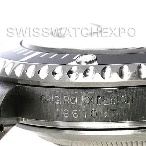 This close-up angle showcases the side view of the Rolex Submariner 16610 Men's Stainless Steel Black Dial 16610 Men's Stainless Steel Black Dial model 16610, highlighting the bezel and engraved text.