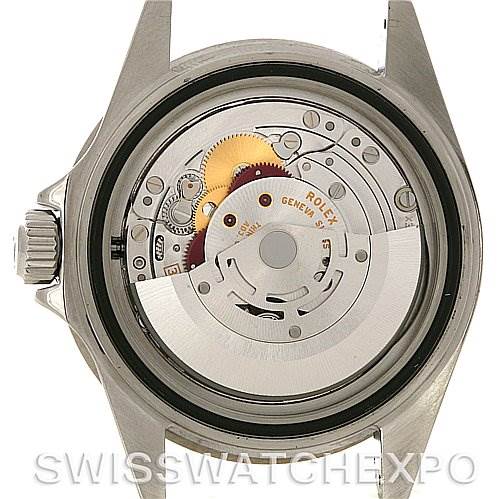 The image shows the internal mechanism of a Rolex Submariner 16610 Men's Stainless Steel Black Dial 16610 Men's Stainless Steel Black Dial watch from a top-down angle with the case back removed.
