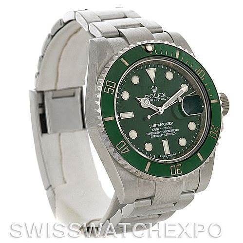 The image shows a Rolex Submariner 116610LV Men's Stainless Steel Green Dial 116610LV Men's Stainless Steel Green Dial watch at an angle highlighting the face, bezel, and part of the metal bracelet.