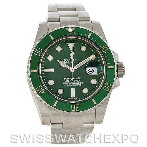 This image shows a front view of a Rolex Submariner 116610LV Men's Stainless Steel Green Dial 116610LV Men's Stainless Steel Green Dial watch, highlighting its green bezel, dial, and stainless steel bracelet.