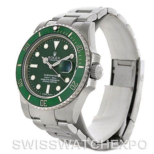 The image shows a Rolex Submariner 116610LV Men's Stainless Steel Green Dial 116610LV Men's Stainless Steel Green Dial watch angled to display its green bezel, dial, stainless steel case, and part of the bracelet.