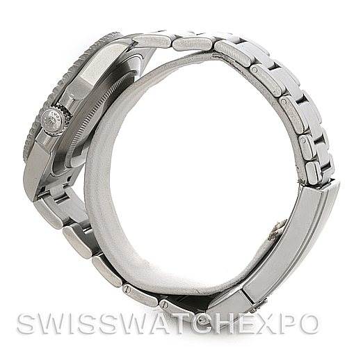 The image shows the side view of a Rolex Submariner 116610LV Men's Stainless Steel Green Dial 116610LV Men's Stainless Steel Green Dial watch, highlighting its case, crown, and bracelet.