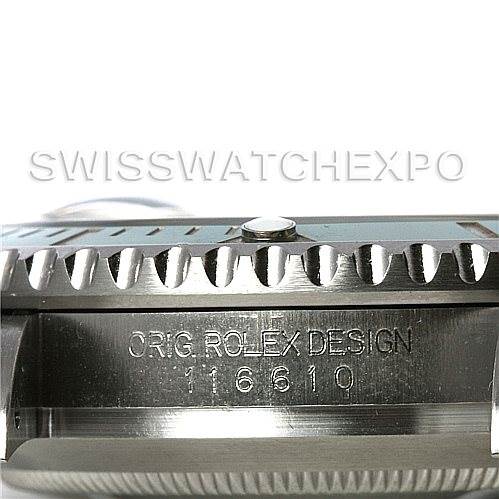 The image shows a close-up side angle of the case and bezel of the Rolex Submariner 116610LV Men's Stainless Steel Green Dial 116610LV Men's Stainless Steel Green Dial model 116610, displaying the engraving "ORIG ROLEX DESIGN."