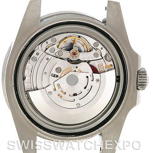 This image shows the back view of a Rolex Submariner 116610LV Men's Stainless Steel Green Dial 116610LV Men's Stainless Steel Green Dial model, revealing its internal movement and mechanics.