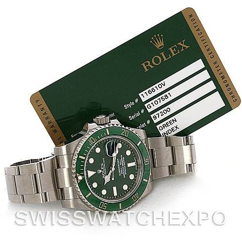 The image shows a Rolex Submariner 116610LV Men's Stainless Steel Green Dial 116610LV Men's Stainless Steel Green Dial watch from an angled front view, alongside its certification card.