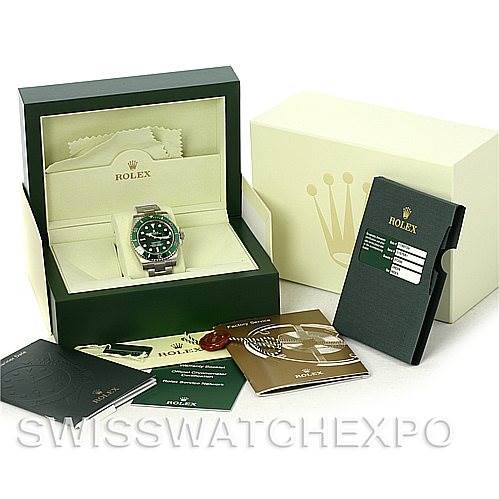 The image shows a Rolex Submariner 116610LV Men's Stainless Steel Green Dial 116610LV Men's Stainless Steel Green Dial watch with its box, warranty card, manuals, and accessories, photographed from a front angle.