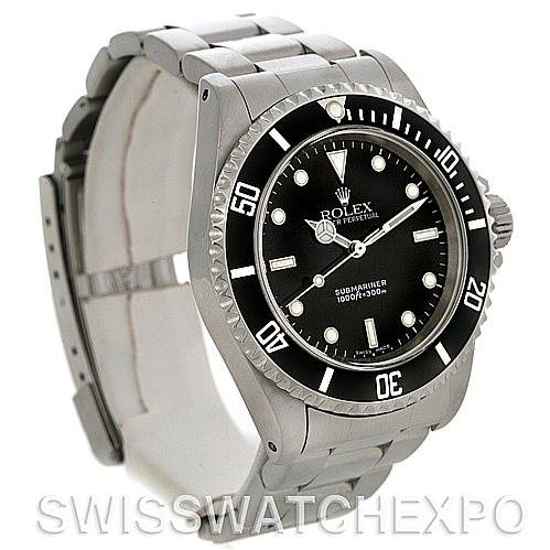 This image shows the Rolex Submariner 14060M Men's Stainless Steel Black Dial 14060M Men's Stainless Steel Black Dial watch from an angled side view, showcasing the face, bezel, and bracelet.