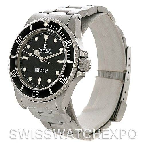 The image shows a side and front angle of the Rolex Submariner 14060M Men's Stainless Steel Black Dial 14060M Men's Stainless Steel Black Dial watch, highlighting its dial, bezel, crown, and bracelet.