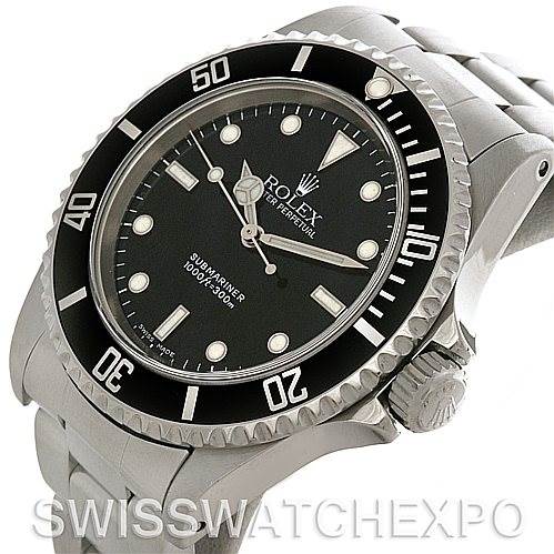 The image shows a side-angle view of the Rolex Submariner 14060M Men's Stainless Steel Black Dial 14060M Men's Stainless Steel Black Dial watch, highlighting the bezel, crown, and part of the bracelet.