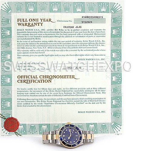 The image shows a gold and blue Rolex Submariner 16803 Men's Steel and Gold (two tone) Blue Dial 16803 Men's Steel and Gold (two tone) Blue Dial watch along with its warranty and official chronometer certification.