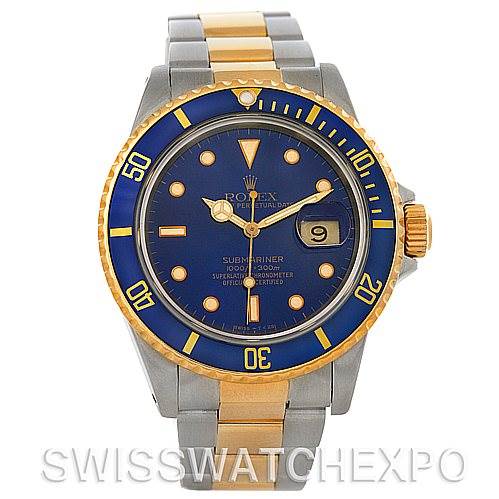 This image shows a full front view of a Rolex Submariner 16803 Men's Steel and Gold (two tone) Blue Dial 16803 Men's Steel and Gold (two tone) Blue Dial watch, highlighting its blue dial, bezel, and two-tone bracelet.