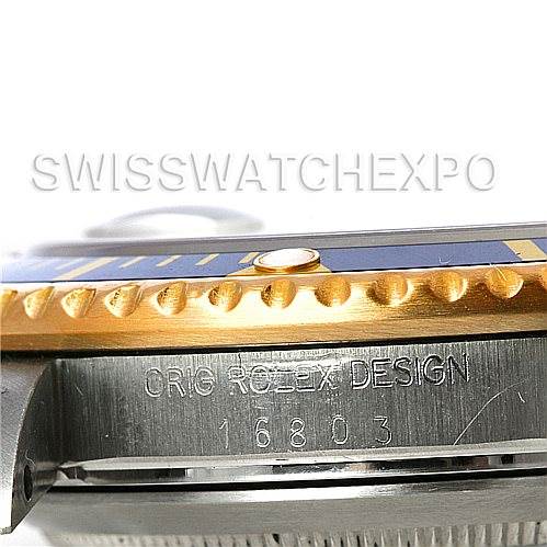 The image shows a close-up side view of the bezel and case with the model number engraved on a Rolex Submariner 16803 Men's Steel and Gold (two tone) Blue Dial 16803 Men's Steel and Gold (two tone) Blue Dial watch.