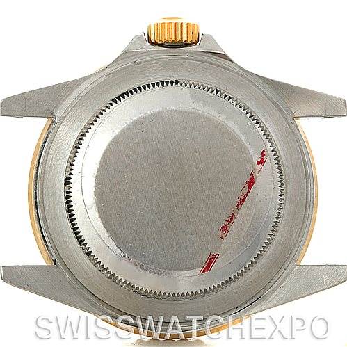 This image shows the case back and crown of a Rolex Submariner 16803 Men's Steel and Gold (two tone) Blue Dial 16803 Men's Steel and Gold (two tone) Blue Dial watch from a straight-on angle.