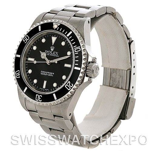 The image shows a Rolex Submariner 14060M Men's Stainless Steel Black Dial 14060M Men's Stainless Steel Black Dial watch at an angled side view, displaying its bezel, crown, dial, and bracelet.