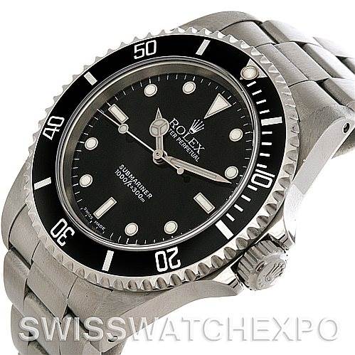 This image shows a Rolex Submariner 14060M Men's Stainless Steel Black Dial 14060M Men's Stainless Steel Black Dial watch at an angled view highlighting the dial, bezel, crown, and bracelet.