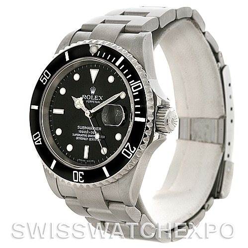 The image shows a Rolex Submariner 16610 Men
s Stainless Steel Black Dial 16610 Men
s Stainless Steel Black Dial watch at a three-quarter angle, highlighting the face, bezel, crown, and bracelet.