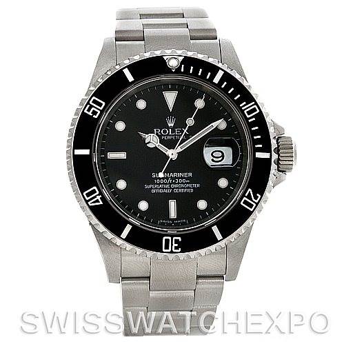This is a front view of a Rolex Submariner 16610 Men
s Stainless Steel Black Dial 16610 Men
s Stainless Steel Black Dial watch showing the face, bezel, crown, hands, and bracelet.