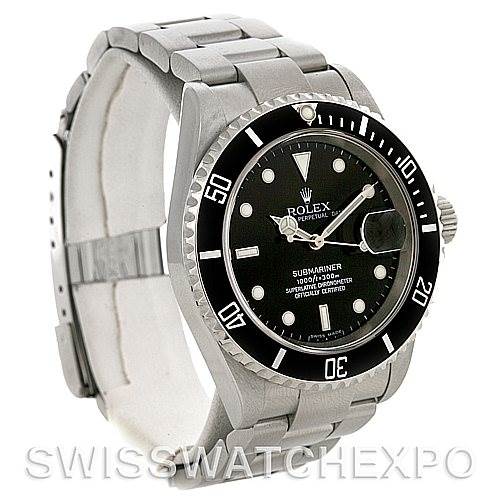 The image shows a Rolex Submariner 16610 Men
s Stainless Steel Black Dial 16610 Men
s Stainless Steel Black Dial watch at a slight angle, highlighting its dial, bezel, bracelet, and crown.