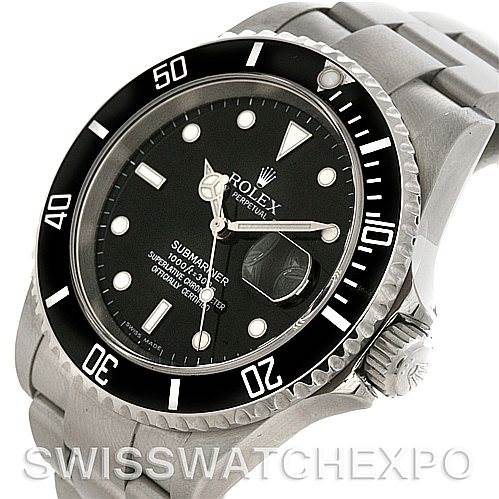 This image shows a Rolex Submariner 16610 Men
s Stainless Steel Black Dial 16610 Men
s Stainless Steel Black Dial watch at a slight angle, highlighting the dial, bezel, crown, and part of the bracelet.