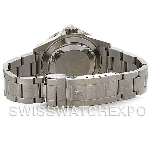 The image shows the back view of a Rolex Submariner 16610 Men
s Stainless Steel Black Dial 16610 Men
s Stainless Steel Black Dial watch, focusing on the closed stainless steel bracelet and case back.