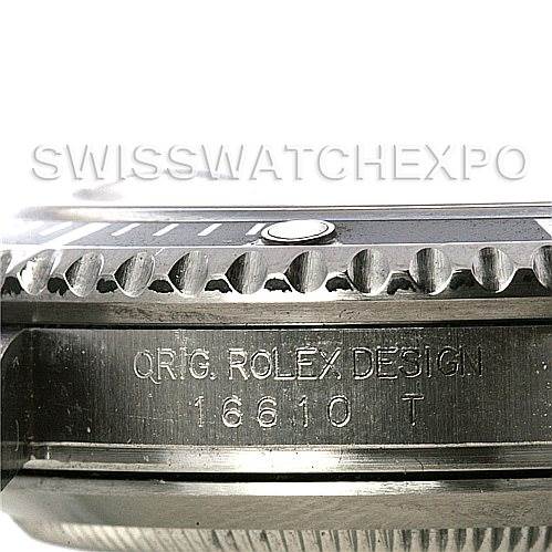 This image shows a close-up side view of the bezel and engraved case side of a Rolex Submariner 16610 Men
s Stainless Steel Black Dial 16610 Men
s Stainless Steel Black Dial model 16610.