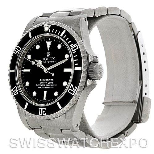 The image shows a side angle of the Rolex Submariner 14060M Men's Stainless Steel Black Dial 14060M Men's Stainless Steel Black Dial watch, displaying its face, bezel, crown, and part of the metal bracelet.