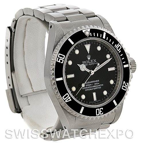 This image shows a side-front view of a Rolex Submariner 14060M Men's Stainless Steel Black Dial 14060M Men's Stainless Steel Black Dial, highlighting the watch face, bezel, crown, and bracelet.
