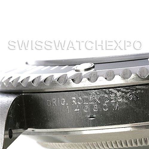 The image shows a close-up of the side of a Rolex Submariner 14060M Men's Stainless Steel Black Dial 14060M Men's Stainless Steel Black Dial watch case, highlighting the model number and part of the bezel.