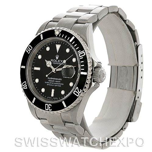 The image shows a Rolex Submariner 16610 Men's Stainless Steel Black Dial 16610 Men's Stainless Steel Black Dial watch at an angle highlighting the face, bezel, crown, and bracelet.
