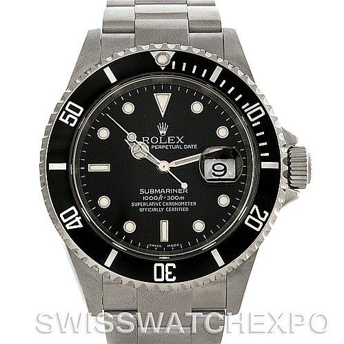 This image displays a Rolex Submariner 16610 Men's Stainless Steel Black Dial 16610 Men's Stainless Steel Black Dial watch from a front view, showcasing the dial, bezel, and bracelet clearly.