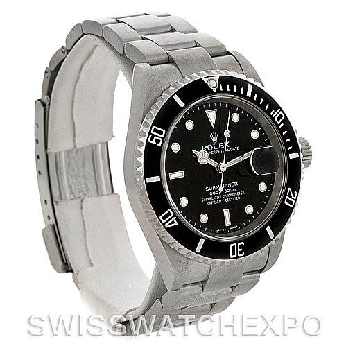 The image shows a Rolex Submariner 16610 Men's Stainless Steel Black Dial 16610 Men's Stainless Steel Black Dial watch viewed at a three-quarter angle, displaying the bezel, dial, and bracelet.