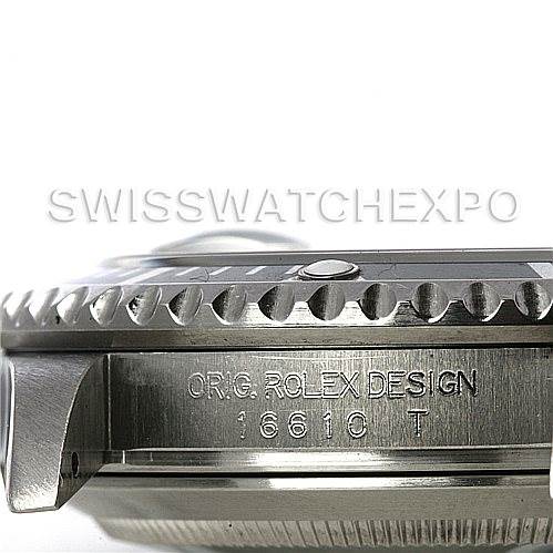 The image shows a side view of the bezel and case of a Rolex Submariner 16610 Men's Stainless Steel Black Dial 16610 Men's Stainless Steel Black Dial, including model number 16610 T.