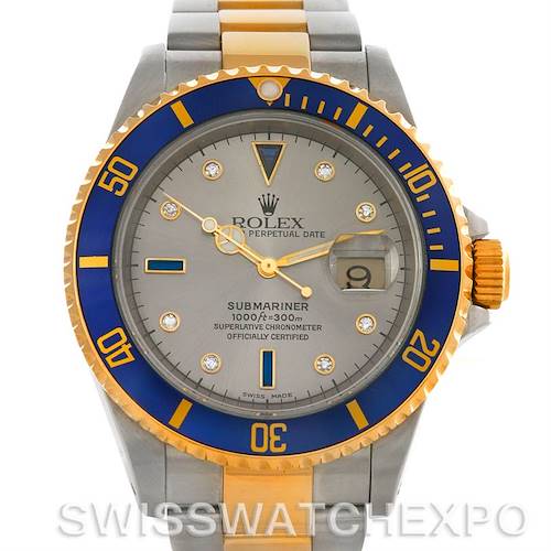 Photo of Rolex Submariner 16613 Steel Gold Diamond Sapphire Serti Dial Watch