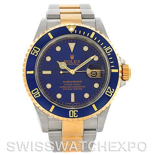 This image shows a frontal view of a Rolex Submariner watch, with visible bezel, dial, and part of the bracelet.