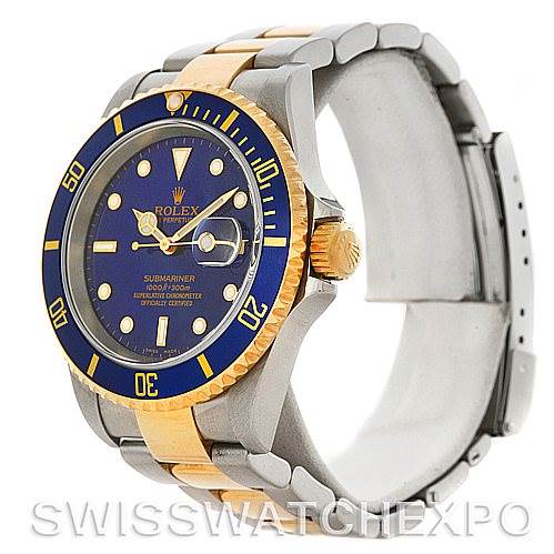 The image shows an angled view of a Rolex Submariner watch, displaying the face, bezel, crown, and part of the bracelet.